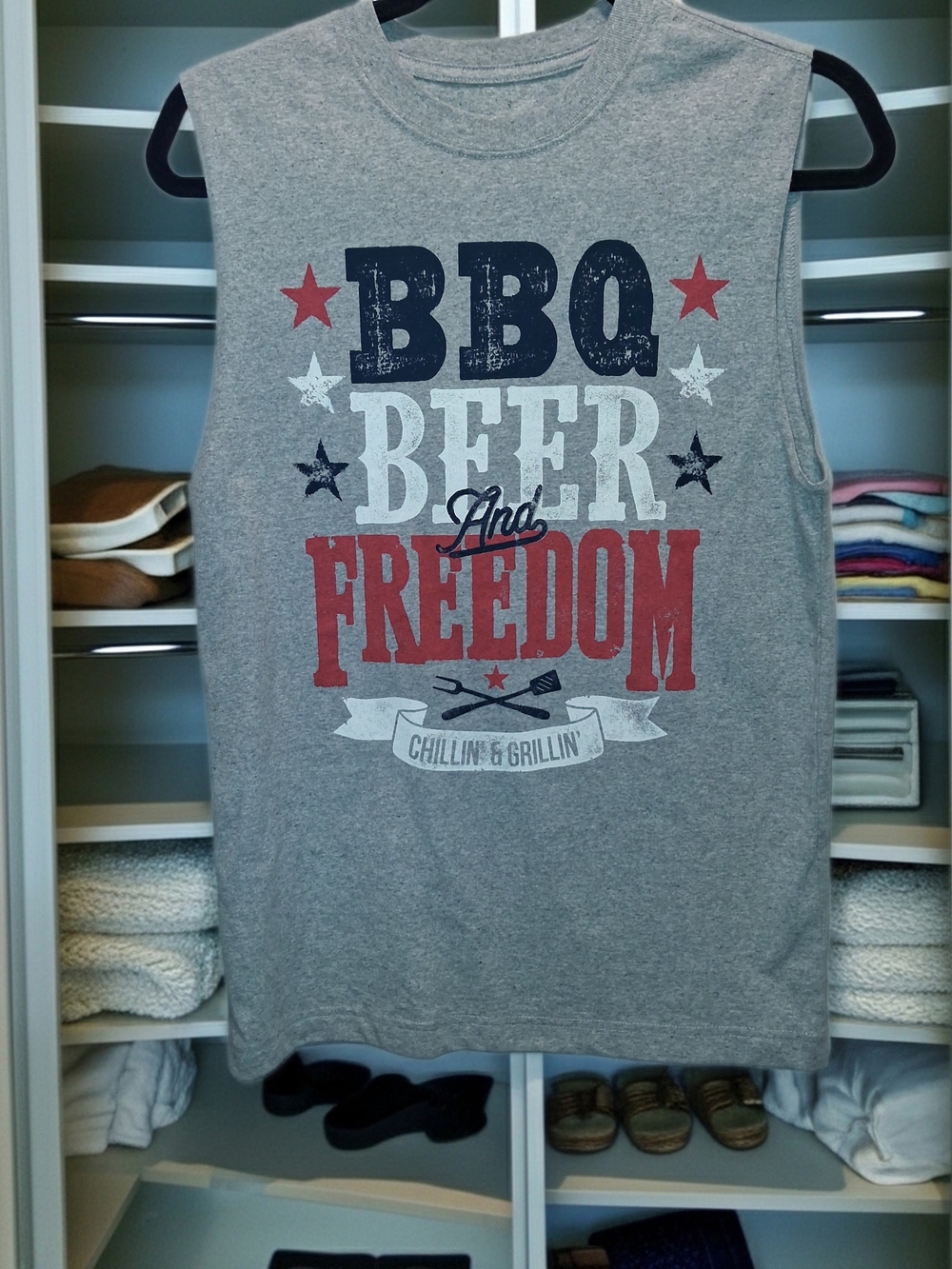 BBQ Beer and Freedom Graphic Muscle Tank - Gray SIZE XS 30-32